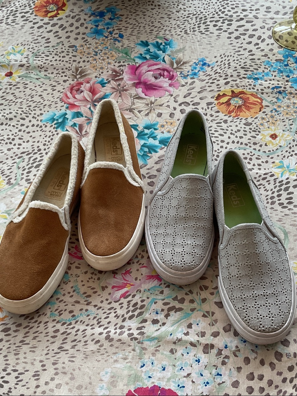Keds Slip-On Pair in Tan Suede & Light Gray Perforated
